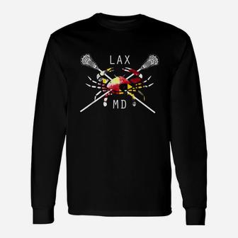 Boys Lacrosse Shirt Sticks Crossed Crab Lax Maryland Flag Long Sleeve T-Shirt - Seseable