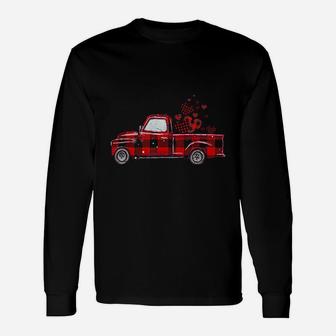 Buffalo Red Plaid Hearts Vintage Truck Cute Valentine's Day Long Sleeve T-Shirt - Seseable