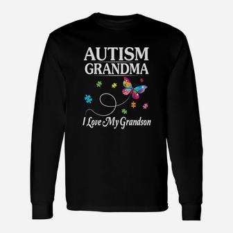 Butterfly Autism Grandma I Love My Grandson Awareness Long Sleeve T-Shirt - Seseable