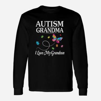 Butterfly Grandma I Love My Grandson Awareness Long Sleeve T-Shirt - Seseable