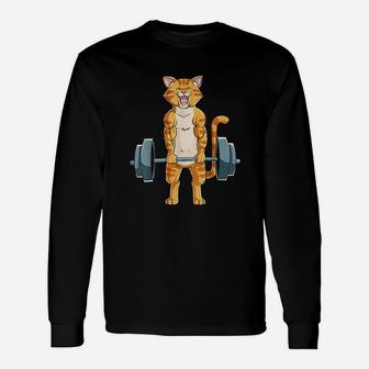 Cat Deadlift Powerlifting Gym Lifting Weights Long Sleeve T-Shirt - Seseable