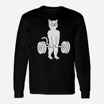 Cat Deadlift Powerlifting Kitty Muscle Cat Long Sleeve T-Shirt - Seseable