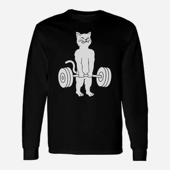Cat Deadlift Powerlifting Kitty Muscle Cat Long Sleeve T-Shirt - Seseable