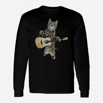 Cat Playing Acoustic Guitar T-shirt Cool Musician Guitarist Long Sleeve T-Shirt - Seseable