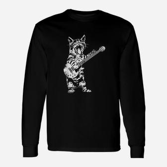 Cat Rocker Kitty Plays Guitar Rockstar Cats Guitarist Long Sleeve T-Shirt - Seseable