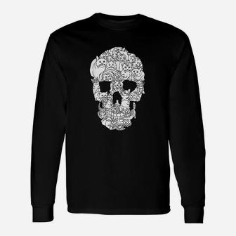 Cat Skull Halloween Goth Punk Emo Graphic Long Sleeve T-Shirt - Seseable