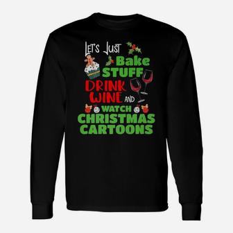Christmas Cartoons Wine Baking Holiday Pajamas Long Sleeve T-Shirt - Seseable