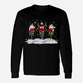 Christmas Red Wine Ornaments Reindeer Santa Hat Long Sleeve T-Shirt - Seseable