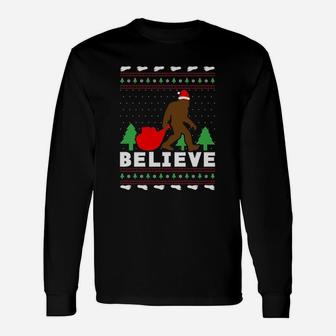 Christmas Santa Bigfoot Believe Bigfoot Ugly Christmas Long Sleeve T-Shirt - Seseable