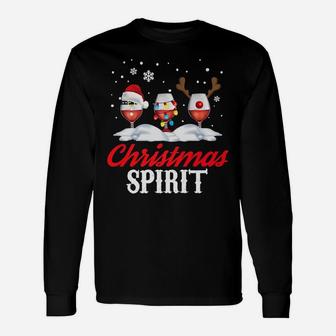 Christmas Spirit Wine Glasses Reindeer Santa Hat Long Sleeve T-Shirt - Seseable