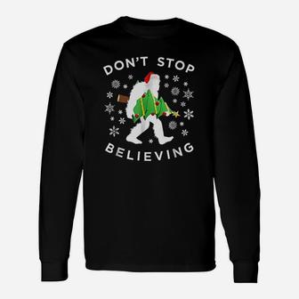 Christmas Tree Bigfoot Dont Stop Believing Xmas Long Sleeve T-Shirt - Seseable