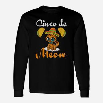Cinco De Mayo Cinco De Meow Cat Taco Sombrero Long Sleeve T-Shirt - Seseable