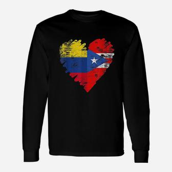 Colombia Puerto Rico Flag Heart Colombian Rican Long Sleeve T-Shirt - Seseable