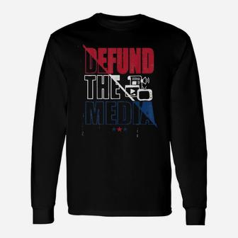 Cool Vintage Us America Flag Defund The Media Long Sleeve T-Shirt - Seseable