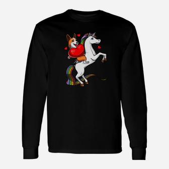 Corgi Dog Riding Unicorn Valentines Day Women Girls Long Sleeve T-Shirt - Seseable