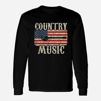 Country Music Retro Vintage Guitar American Flag Long Sleeve T-Shirt - Seseable