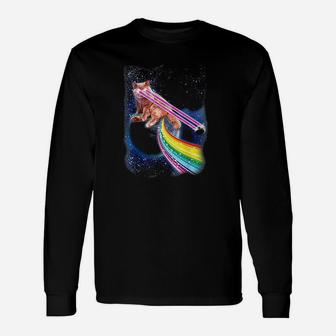 Crazy Space Cat With Eye Lasers And Rainbow Farts Long Sleeve T-Shirt - Seseable
