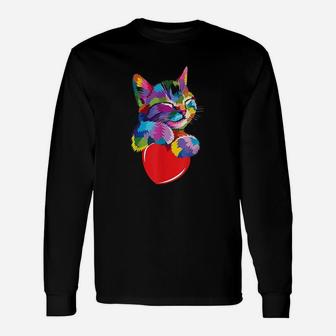 Cute Cat For Kitten Lovers Colorful Art Long Sleeve T-Shirt - Seseable