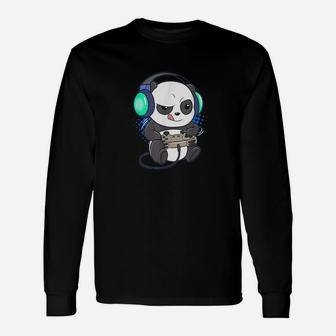 Cute Gaming Panda Video Game Computer Player Videogame Pc Long Sleeve T-Shirt - Seseable