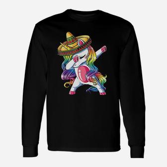 Dabbing Unicorn Cinco De Mayo Women Rainbow Sombrero Long Sleeve T-Shirt - Seseable
