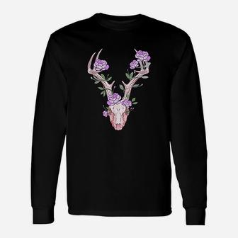 Deer Skull With Flowers Cool Hunt Hunting Hunter Buck Long Sleeve T-Shirt - Seseable