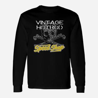 Devil Vintage Speed Shop Skull Crossbones Yellow Racing Garage Long Sleeve T-Shirt - Seseable