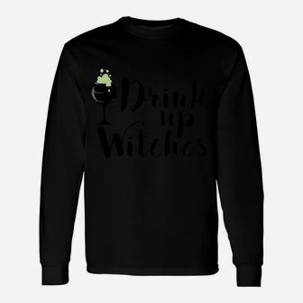 Drink Up Witches Halloween Women Drinking Wine Long Sleeve T-Shirt | Seseable CA