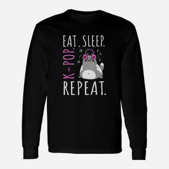 Eat Sleep Kpop Repeat Kawaii Cat Listening Music Kpop Long Sleeve T-Shirt - Seseable
