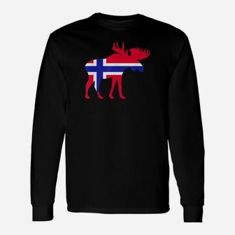 Elch Silhouette Flaggenmuster Norwegen Langarmshirts Unisex, Trendiges Design - Seseable