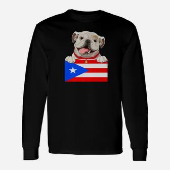 English Bulldog Puerto Rico Flag Vintage Dog Boricua Long Sleeve T-Shirt - Seseable