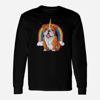 English Bulldog Unicorn Space Galaxy Rainbow Long Sleeve T-Shirt - Seseable