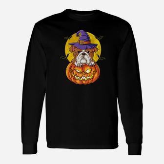 English Bulldog Witch Pumpkin Halloween Women Long Sleeve T-Shirt - Seseable
