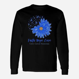 Faith Hope Love Colon Canker Awareness Flower Blue Long Sleeve T-Shirt | Seseable UK