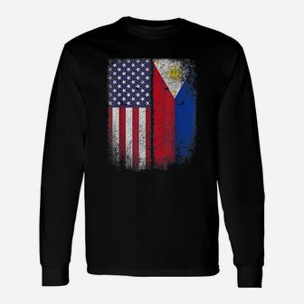 Filipino Roots American Grown Philippines Usa Flag America Long Sleeve T-Shirt - Seseable