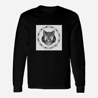 Geometrisches Wolf Design Unisex Langarmshirts, Schwarzes mit Ornament-Rahmen - Seseable