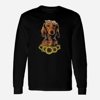 Girls Mom Dachshund Dog Sunflower Long Sleeve T-Shirt - Seseable