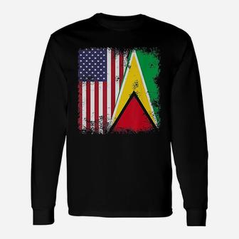 Half Guyanese Flag Vintage Guyana Usa Long Sleeve T-Shirt - Seseable
