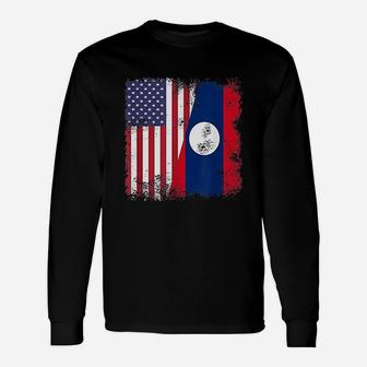 Half Lao Laotian Flag Vintage Laos Usa Long Sleeve T-Shirt - Seseable