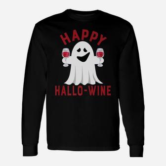 Happy Hallowine Halloween Ghost Drinking Long Sleeve T-Shirt - Seseable