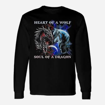 Heart Of Wolf Soul Of A Dragon Cool Dragon Wolf Warrior Long Sleeve T-Shirt - Seseable