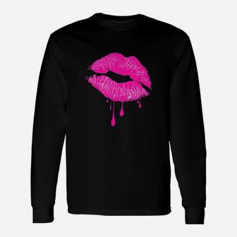 Hot Pink Lips Kiss 80s Retro Vintage Lipstick Party Long Sleeve T-Shirt - Seseable
