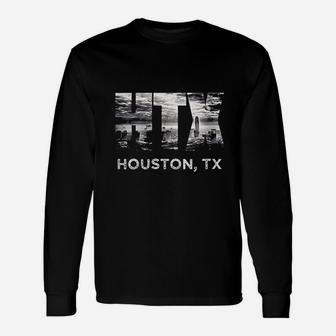 Htx City Of Houston Skyline Art Downtown Texas Souvenir Long Sleeve T-Shirt - Seseable