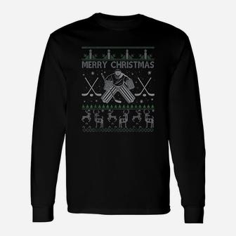 Ice Hockey Goalkeeper Christmas Ugly Xmas Long Sleeve T-Shirt - Seseable