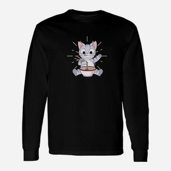 Japanese Kawaii Cat Cat Eating Ramen Sushi Anime Long Sleeve T-Shirt - Seseable