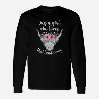 Just A Girl Who Loves Highland Cows Cute Cow With Flower Long Sleeve T-Shirt - Seseable