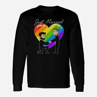 Just Married Gay Couple Just Married Rainbow Heart Long Sleeve T-Shirt - Seseable