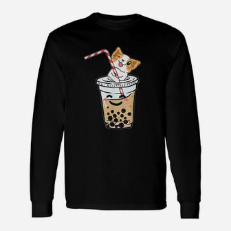 Kawaii Corgi Loves Bubble Tea Boba Welsh Dog Long Sleeve T-Shirt - Seseable