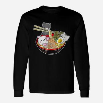 Kawaii Japanese Anime Cat Bowl Ramen Noodle Long Sleeve T-Shirt - Seseable
