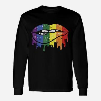Lip Bite Gay Pride Rainbow Flag Drip Art Lgbt Lesbian Long Sleeve T-Shirt - Seseable