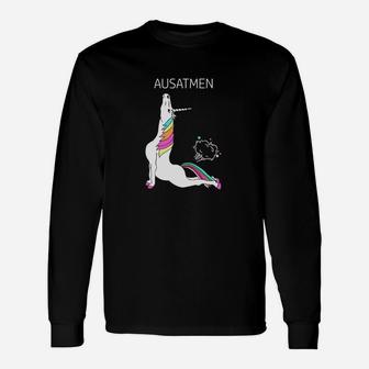 Lustiges Yoga Einhorn Langarmshirts 'AUSATMEN' Schwarz Tee für Entspannung - Seseable